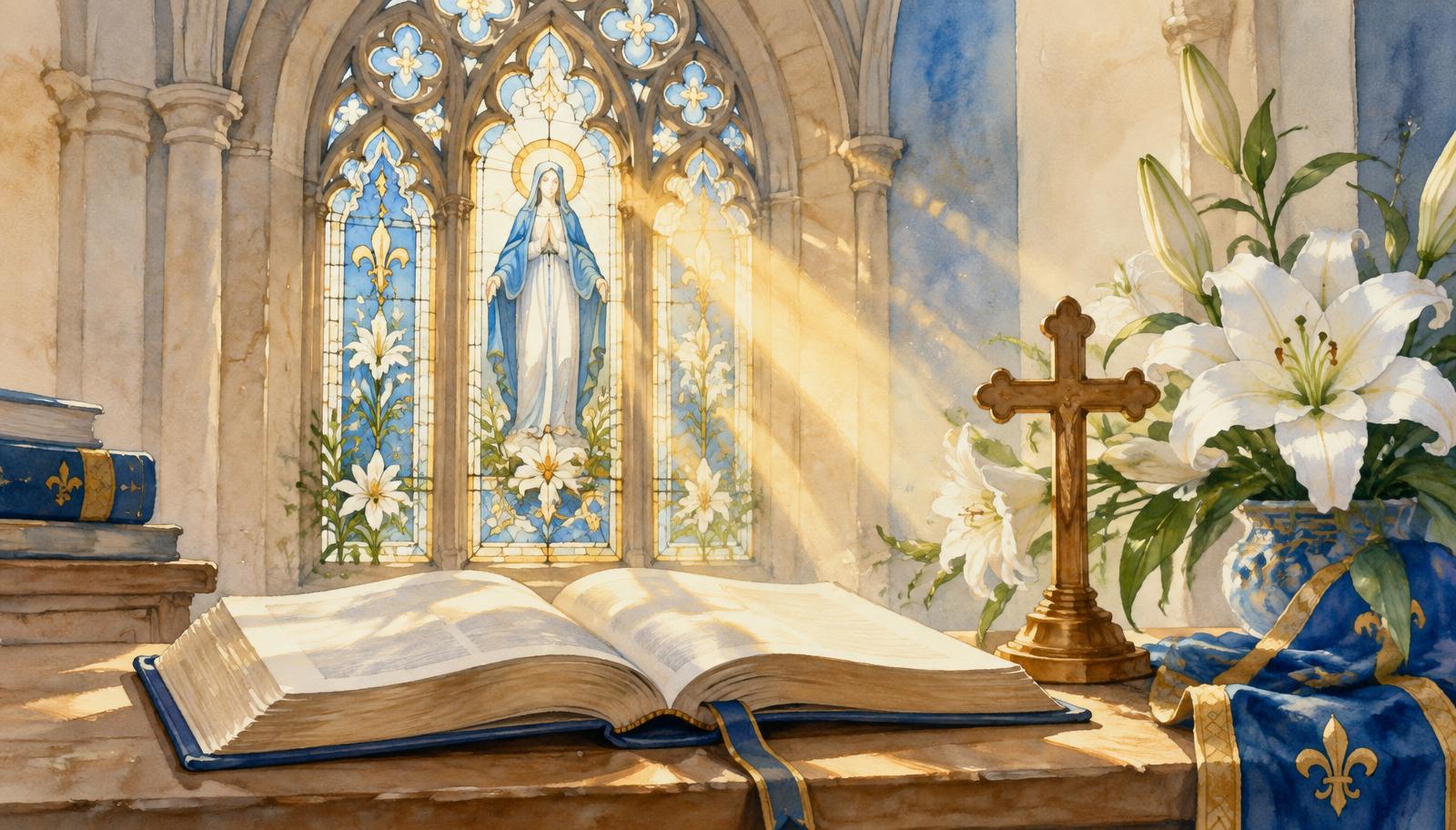 Vitral con luz dorada sobre un libro abierto